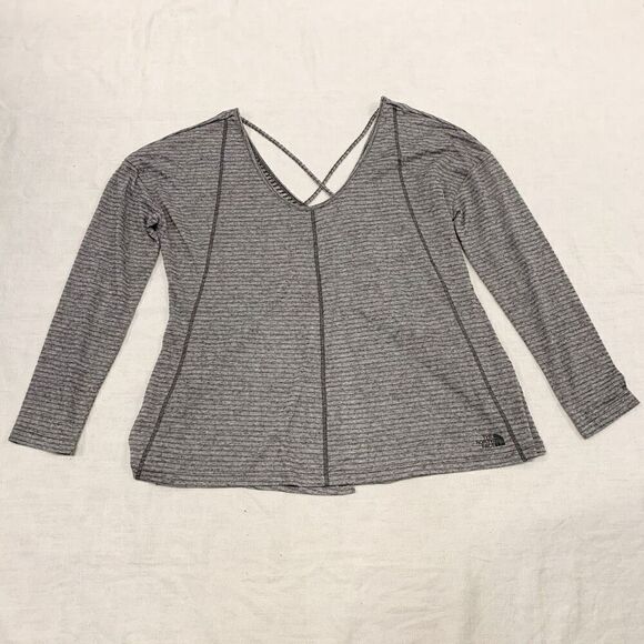 North Face M cross back split open long sleeves stripes layering top shirt grey - Picture 3 of 11